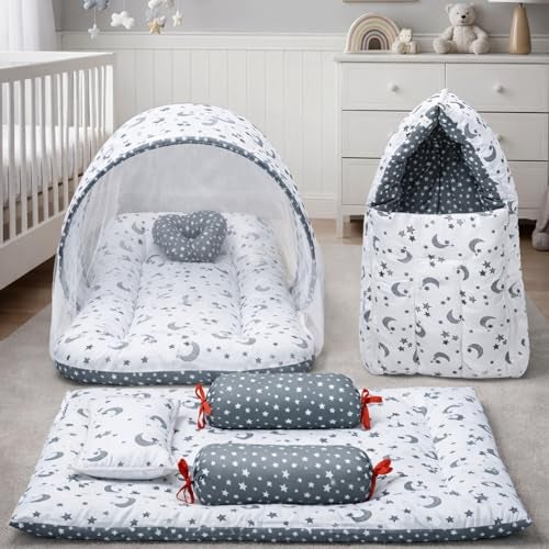 Infantbond Baby Bedding Set with Mosquito Net, Sleeping Bag and Play Mat, Moon and Stars Pattern, Blue and White (Grey Moon) - Image 1