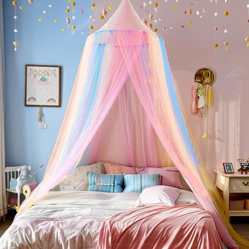 Comtelek Mosquito Net Bed Canopy for Girls,Rainbow Canopy Bed Curtains Full Queen Size from Ceiling,Dome Mosquito Netting Bed Tent Twin Girls Princess Canopy King Bed Decor - Image 1