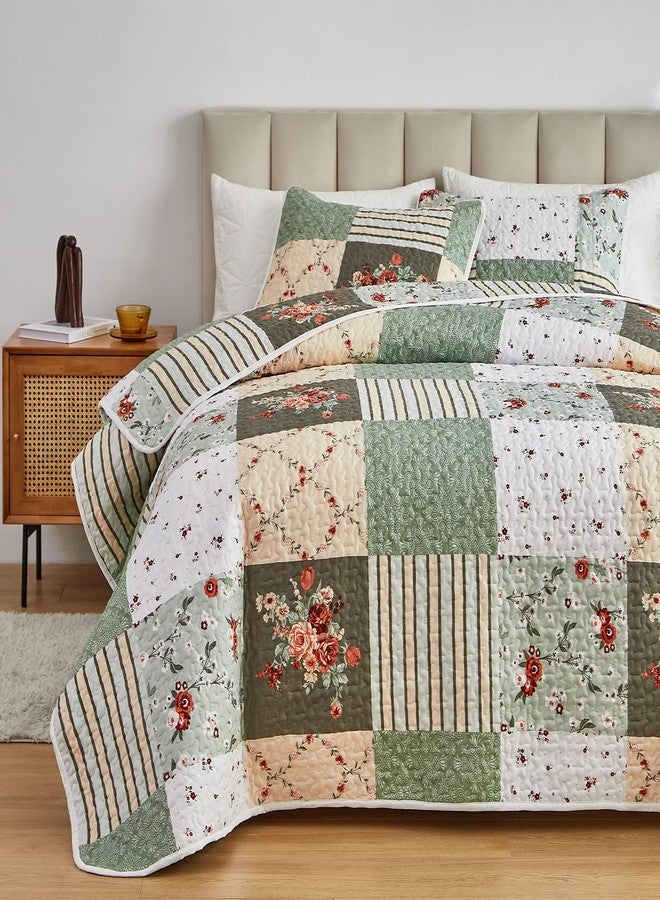 Flysheep Patchwork Quilt Set Full/Queen Size, 3 Pieces Green Floral Plaid Summer Bedspread Coverlet Set, Soft Microfiber Reversible Lightweight Bed Cover for All Season (90" x 90", 1 Quilt+ 2 Pillow Shams) - Image 3
