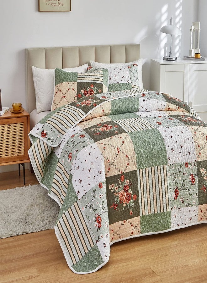 Flysheep Patchwork Quilt Set Full/Queen Size, 3 Pieces Green Floral Plaid Summer Bedspread Coverlet Set, Soft Microfiber Reversible Lightweight Bed Cover for All Season (90" x 90", 1 Quilt+ 2 Pillow Shams) - Image 2