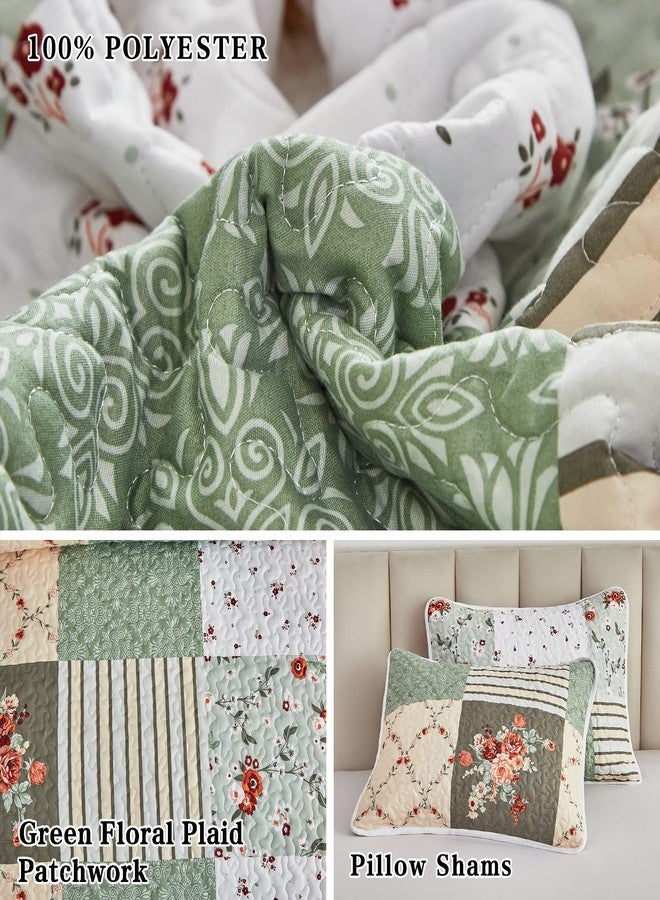 Flysheep Patchwork Quilt Set Full/Queen Size, 3 Pieces Green Floral Plaid Summer Bedspread Coverlet Set, Soft Microfiber Reversible Lightweight Bed Cover for All Season (90" x 90", 1 Quilt+ 2 Pillow Shams) - Image 5
