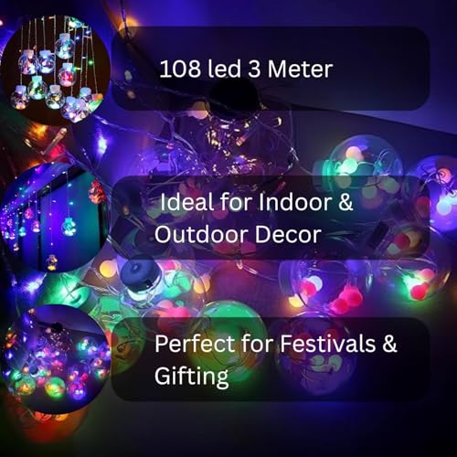 One94Store 12 Wish Ball Curtain LED String Lights, 3 Meter Multicolor Decorative Curtain with 108 LEDs and 8 Flashing Modes for Window, Diwali & Festival Home Decoration - Image 5