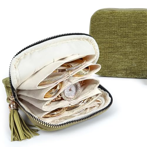 LOTOFUN Jewelry Organizer Case for Travel: 5-Layer Velvet Zipper Pouch Bag for Bangles Link Bracelets Storage Protect from Tangle Scratch (Avocado Green) - Image 1