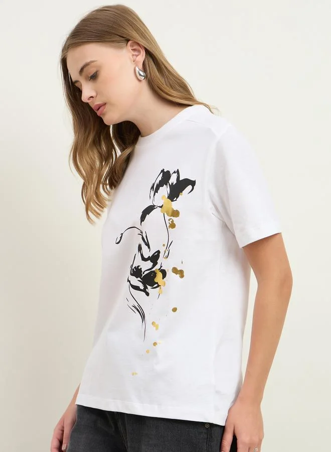 Styli Styli Foil Graphic Print Short Sleeve Boxy T-Shirt