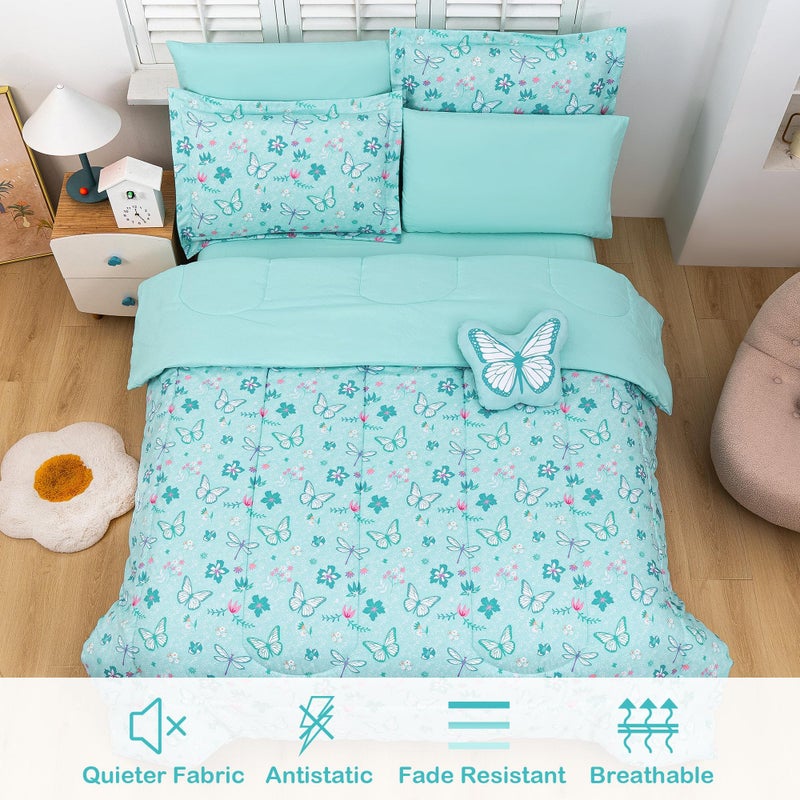 Mooreeke Bed in a Bag for Kids Girls Teens, 8 Pieces Full Size Comforter Bed Set with Shams, Sheet Set and Decorative Toy Pillow, Butterfly Mint Green Super Soft Microfiber Kids Comforter Bedding Set - Image 2