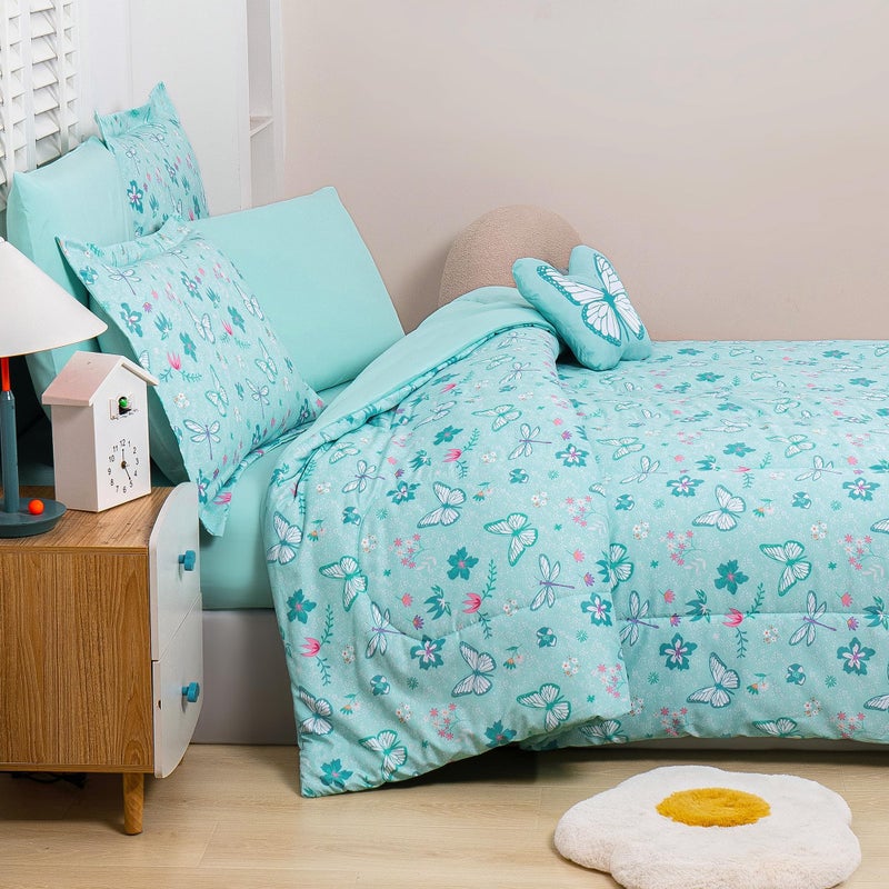 Mooreeke Bed in a Bag for Kids Girls Teens, 8 Pieces Full Size Comforter Bed Set with Shams, Sheet Set and Decorative Toy Pillow, Butterfly Mint Green Super Soft Microfiber Kids Comforter Bedding Set - Image 3