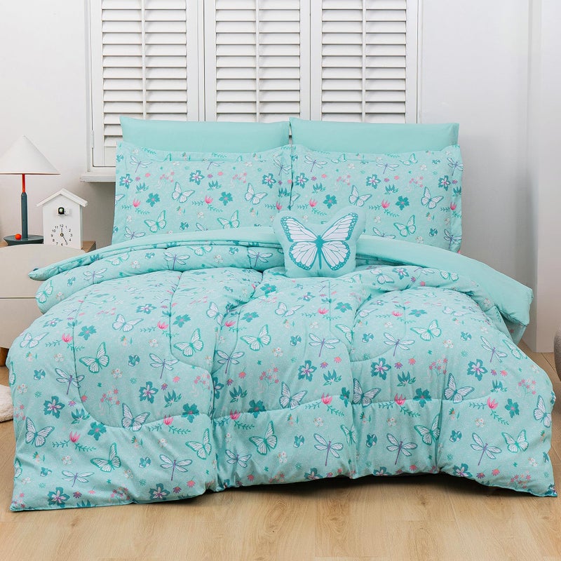 Mooreeke Bed in a Bag for Kids Girls Teens, 8 Pieces Full Size Comforter Bed Set with Shams, Sheet Set and Decorative Toy Pillow, Butterfly Mint Green Super Soft Microfiber Kids Comforter Bedding Set - Image 1