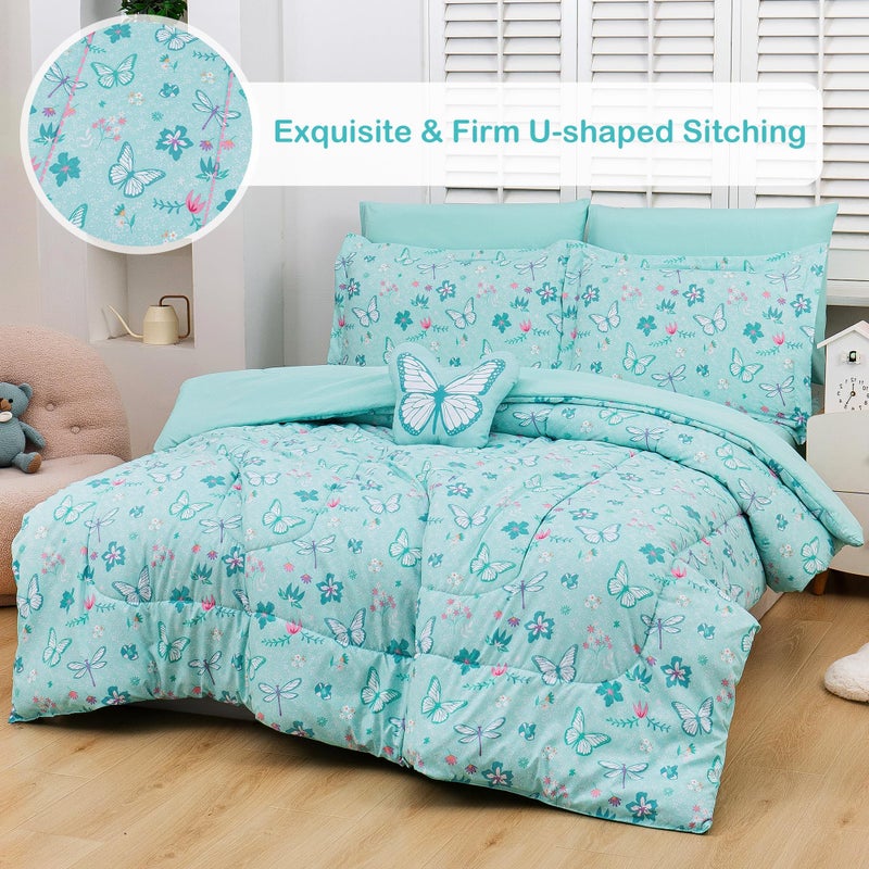 Mooreeke Bed in a Bag for Kids Girls Teens, 8 Pieces Full Size Comforter Bed Set with Shams, Sheet Set and Decorative Toy Pillow, Butterfly Mint Green Super Soft Microfiber Kids Comforter Bedding Set - Image 4