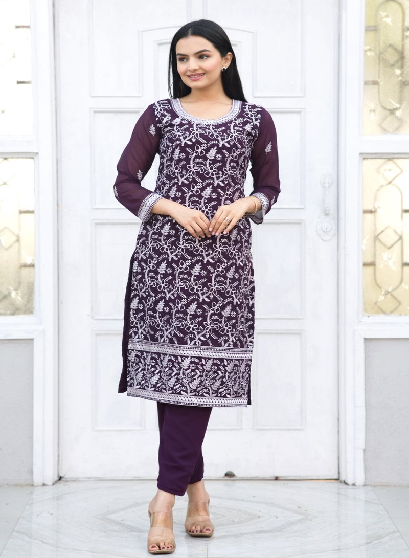 Embroidered fox georgette aubergine suit with heavy embroidered work - Image 1