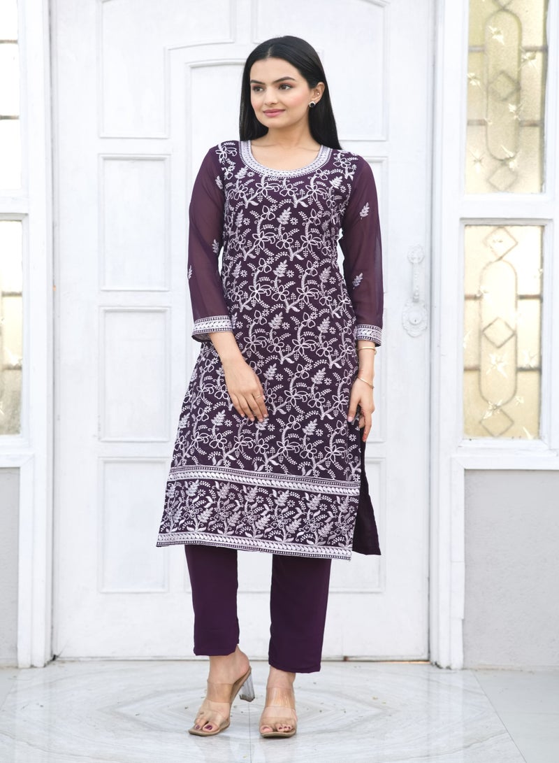 Embroidered fox georgette aubergine suit with heavy embroidered work - Image 2
