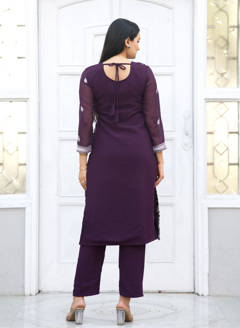 Embroidered fox georgette aubergine suit with heavy embroidered work - Image 5