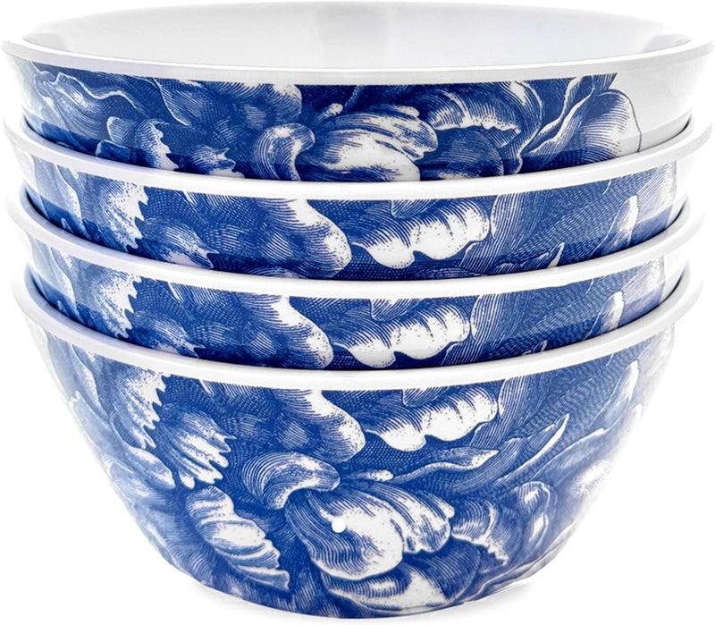 CASKATA Peony Melamine Cereal Bowls Set of 4  Cereal Bowls for Entertaining and Everyday Use  Perfect for Home Beach Pool and Gifting  Blue on White Color  6 x 3 in - Image 1