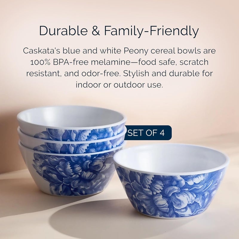 CASKATA Peony Melamine Cereal Bowls Set of 4  Cereal Bowls for Entertaining and Everyday Use  Perfect for Home Beach Pool and Gifting  Blue on White Color  6 x 3 in - Image 4