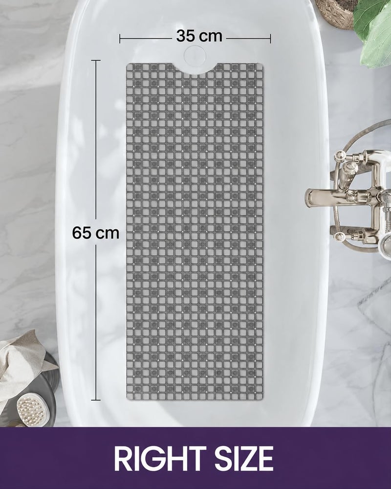 Non-Slip Bathtub Mat 65 x 35 cm, Long Shower Bath Mat with Strong Suction Cups, Quick Drain Holes, Machine Washable Bathroom Safety Mat, Anti-Slip Tub Mat, (Grey)