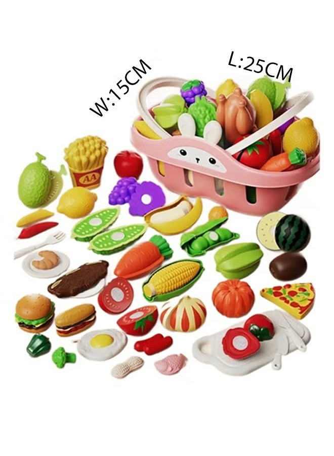 51Pcs Cutting Play Food Set with Shopping Basket, Pretend Play Kitchen Accessories with Chopping Board, Cutting Play Kitchen Set, Fake Food Toys, Sturdy And Durable Cutting Toy Food, Food Toys with Veggies, Fruits, Pretend Food, Color Sorting Set, Educational Gift for Girls Boys  - Image 2