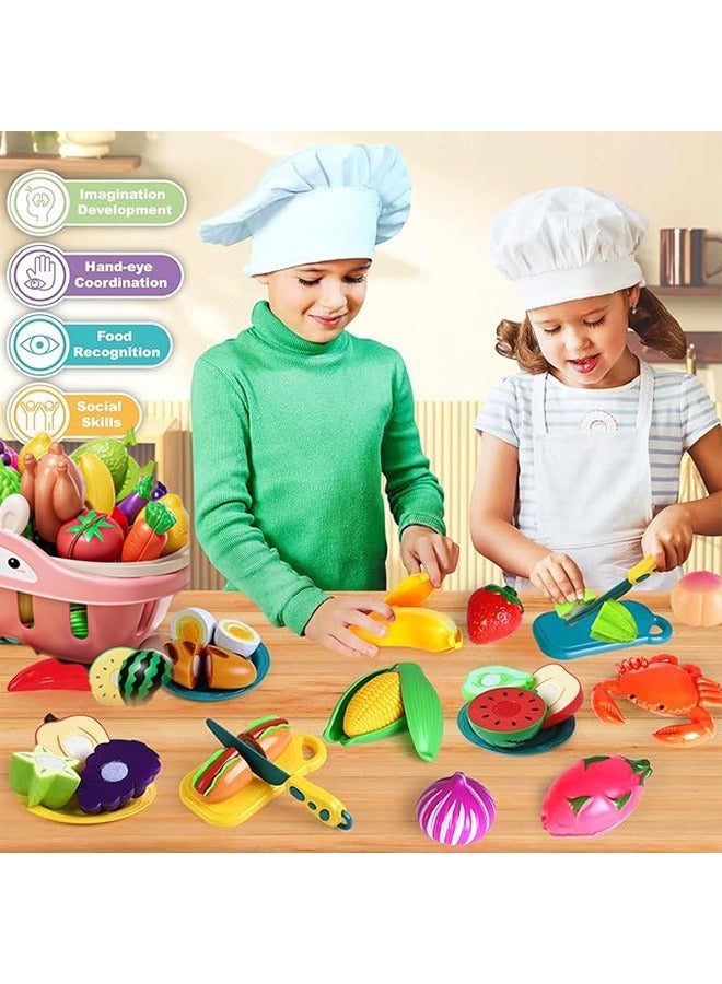 51Pcs Cutting Play Food Set with Shopping Basket, Pretend Play Kitchen Accessories with Chopping Board, Cutting Play Kitchen Set, Fake Food Toys, Sturdy And Durable Cutting Toy Food, Food Toys with Veggies, Fruits, Pretend Food, Color Sorting Set, Educational Gift for Girls Boys  - Image 4