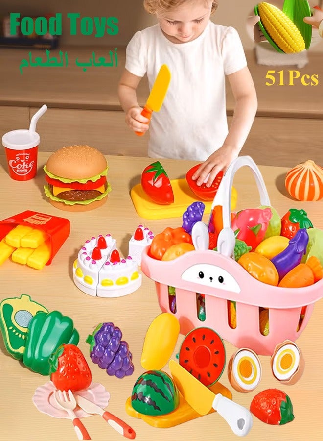 51Pcs Cutting Play Food Set with Shopping Basket, Pretend Play Kitchen Accessories with Chopping Board, Cutting Play Kitchen Set, Fake Food Toys, Sturdy And Durable Cutting Toy Food, Food Toys with Veggies, Fruits, Pretend Food, Color Sorting Set, Educational Gift for Girls Boys  - Image 1