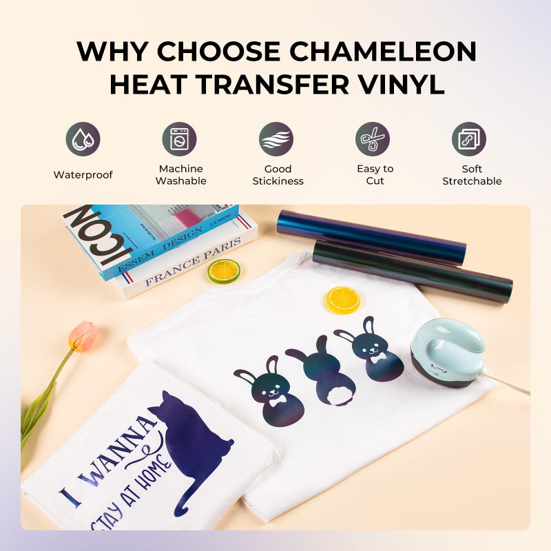 HTVRONT Chameleon HTV Vinyl Bundle - 8 Pack 12" x 3FT Chameleon Heat Transfer Vinyl for T Shirt, Color Changing Iron on Vinyl Roll Compatible with Cricut Cutting Machine - Image 2