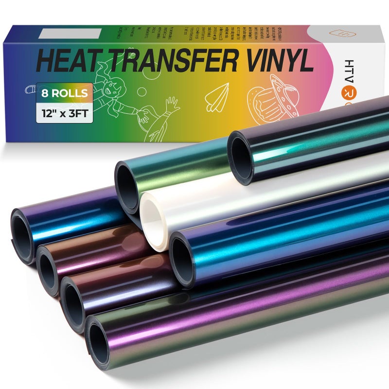 HTVRONT Chameleon HTV Vinyl Bundle - 8 Pack 12" x 3FT Chameleon Heat Transfer Vinyl for T Shirt, Color Changing Iron on Vinyl Roll Compatible with Cricut Cutting Machine - Image 1