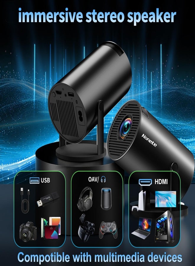 Nonete 【Projector 2026 Upgraded】Mini Projector with WiFi 6 and Bluetooth 5.2 Support 4K 1080P Auto Keystone 270° Rotatable Projector Portable Compatibile with HDMI/TV Stick/Memory Stick/Laptop-Black - Image 4