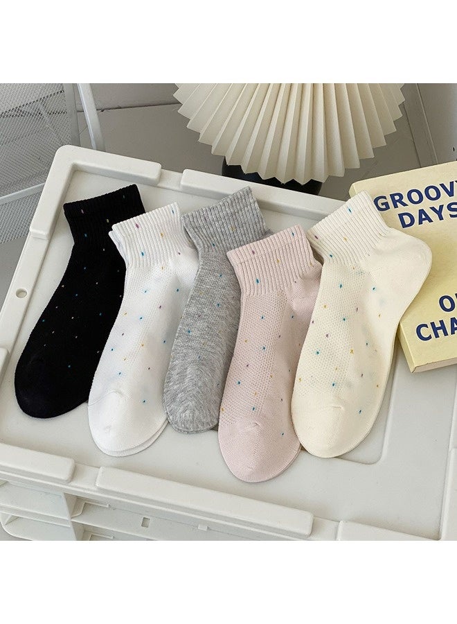 شيبشيب خمس أزواج من جوارب الكاحل النسائية اللطيفة المصنوعة من القطن، جوارب قصيرة ملونة بنقوش نقاط البولكا مع شبكة تهوية قابلة للتنفس - Image 1