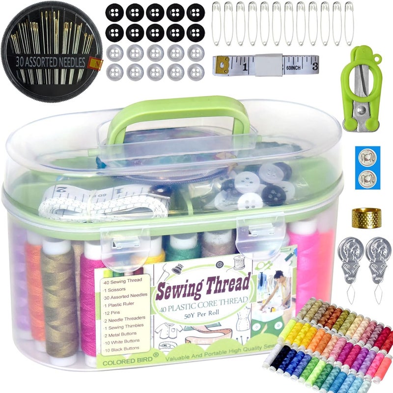 colored bird 40 Spools of Sewing Thread,Gift Box Portable Basic Sewing Repair Kits (Green) - Image 1