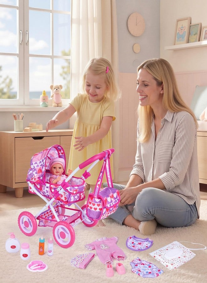 BABESIDE Baby Doll Stroller Set with 12 Inch Baby Doll, 14 Pcs Baby Doll Accessories, Folding Doll Pram Pretend Play Set, Feeding, Bath & Care Toys, Gift for Girls Ages 3yrs+ - Image 2