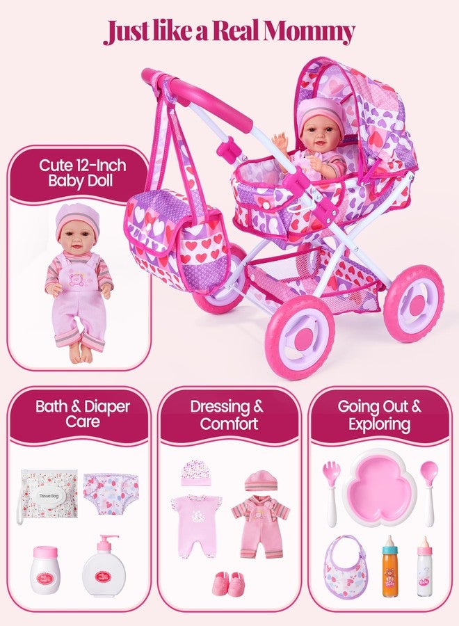 BABESIDE Baby Doll Stroller Set with 12 Inch Baby Doll, 14 Pcs Baby Doll Accessories, Folding Doll Pram Pretend Play Set, Feeding, Bath & Care Toys, Gift for Girls Ages 3yrs+ - Image 5
