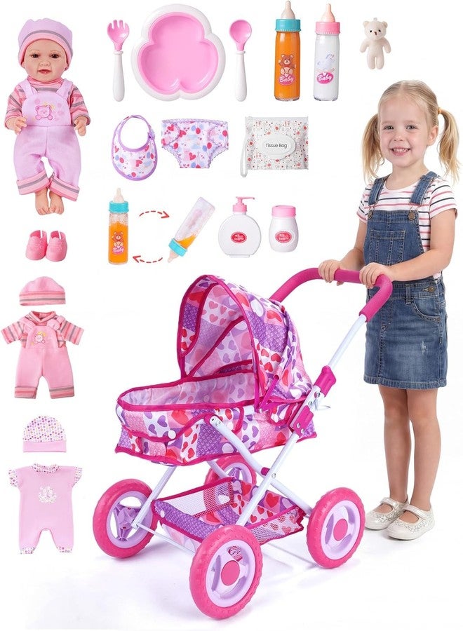 BABESIDE Baby Doll Stroller Set with 12 Inch Baby Doll, 14 Pcs Baby Doll Accessories, Folding Doll Pram Pretend Play Set, Feeding, Bath & Care Toys, Gift for Girls Ages 3yrs+ - Image 1