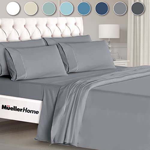 Mueller Luxury 6 PC Full Size Bed Sheets Super Soft 1800 Deep Pocket up to 16 Full Size Sheets Transfers Heat Breathes Better Hypoallergenic WrinkleResistant OekoTEX Light Grey