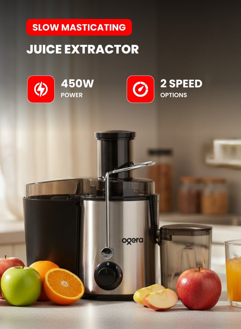 Ogera Juicer Machine 450W | Power Juice Extractor for Fruits & Vegetables | Dual Speed Juicer | Stainless Steel Body | Fast Juice Maker | OG1650JE Silver - Image 1