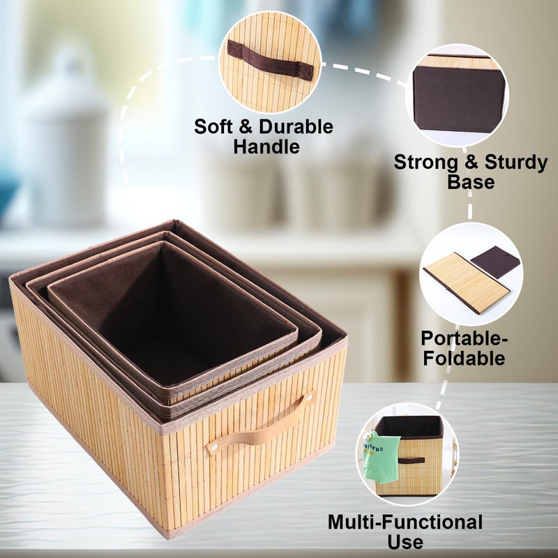 Kuber Industries Kuber Industries Pack of 3 Storage Basket Bamboo Cloth Storage Basket Storage Basket for ClothesToys Storage Basket with Handle Foldable Durable SPYLH1002 Brown  - Image 5