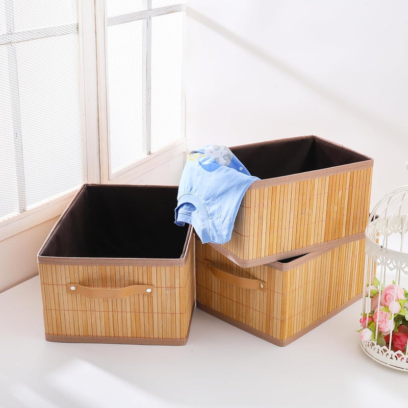 Kuber Industries Kuber Industries Pack of 3 Storage Basket Bamboo Cloth Storage Basket Storage Basket for ClothesToys Storage Basket with Handle Foldable Durable SPYLH1002 Brown  - Image 1