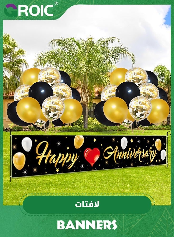 GROIC Black Gold Wedding Anniversary Decoration, Happy Yard Banner and 30Pcs Latex Balloons, Decorations for Party，Happy Sign - Image 1