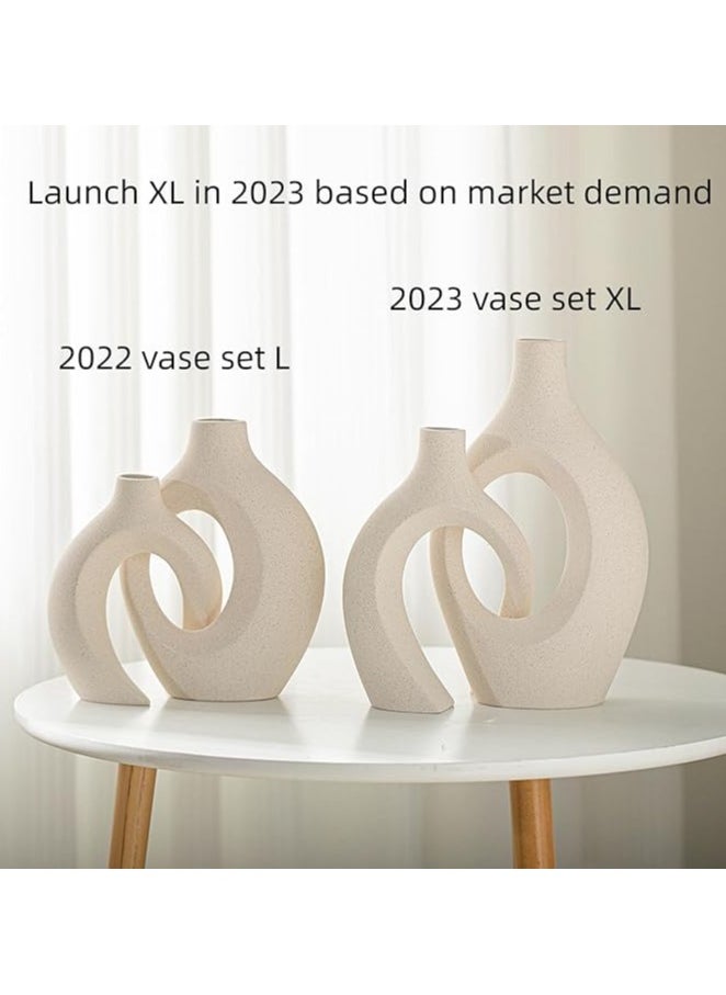 Generic Lvases Snuggle Hollow Ceramic Vase Set Of 2, Boho Ins Style Round Nordic Mid Century Modern Aesthetic Decorative Vase For Home Decor (Cream W 6.8" X H 11")  - Image 2