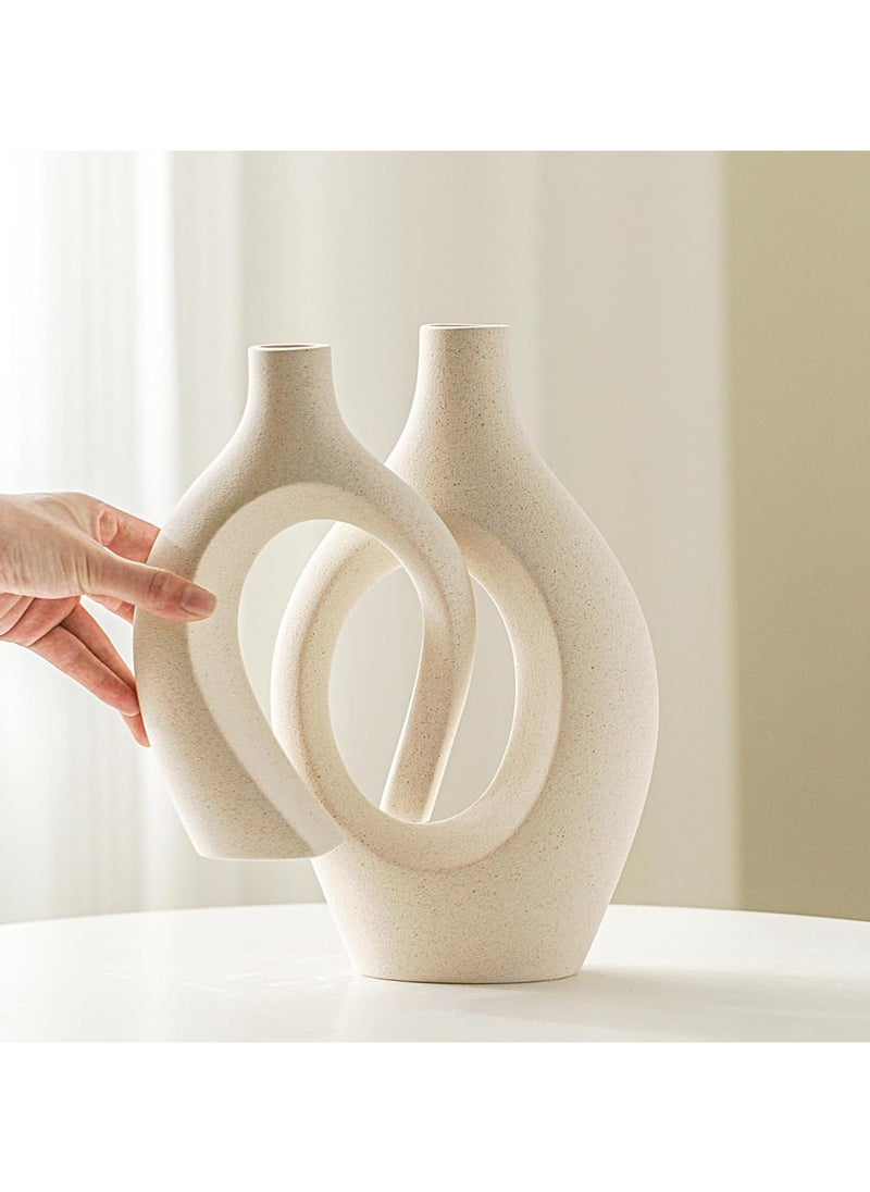 Generic Lvases Snuggle Hollow Ceramic Vase Set Of 2, Boho Ins Style Round Nordic Mid Century Modern Aesthetic Decorative Vase For Home Decor (Cream W 6.8" X H 11")  - Image 3