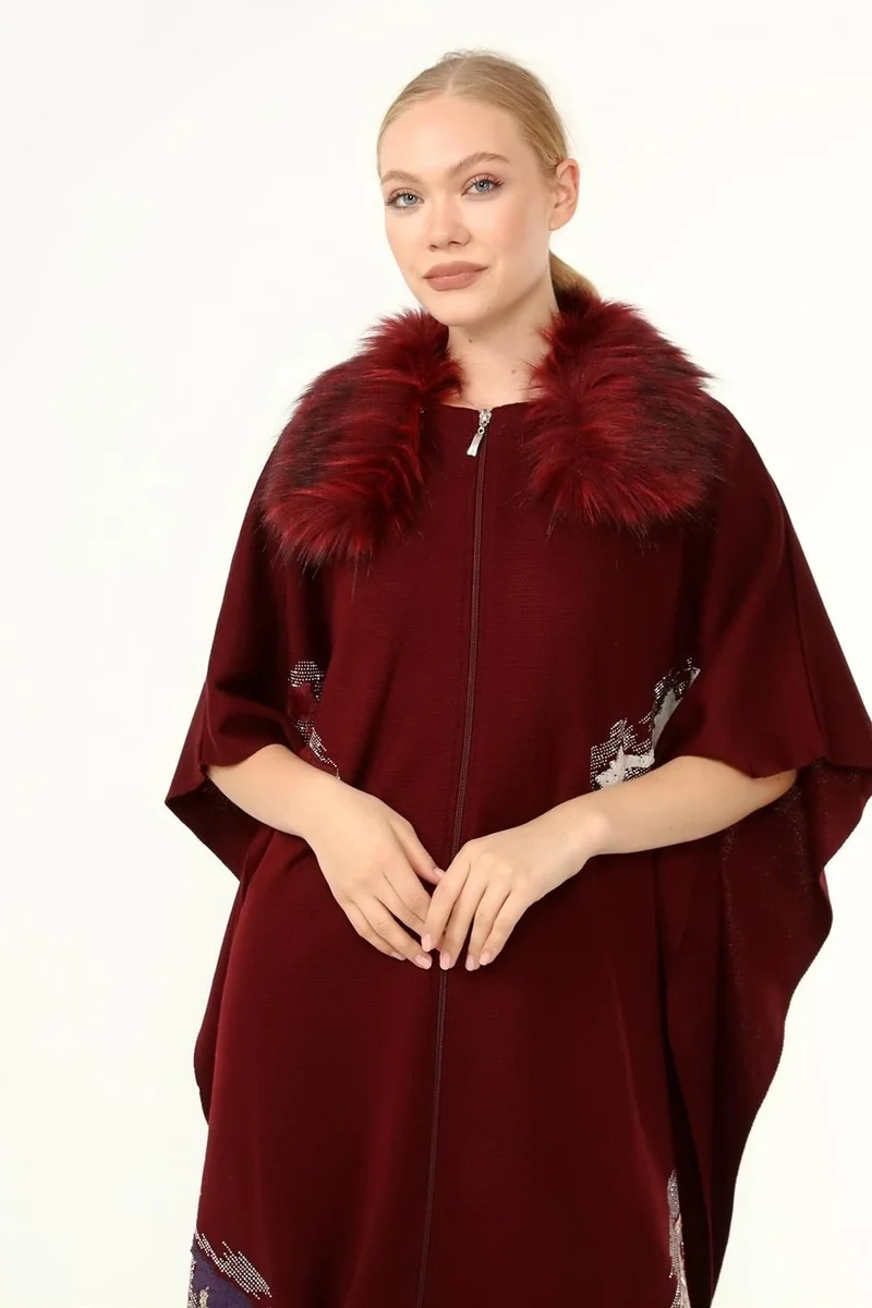Garmi Women's Collar Fur Detailed Sequined Poncho Claret Red