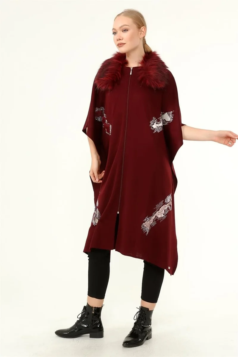 Garmi Women's Collar Fur Detailed Sequined Poncho Claret Red