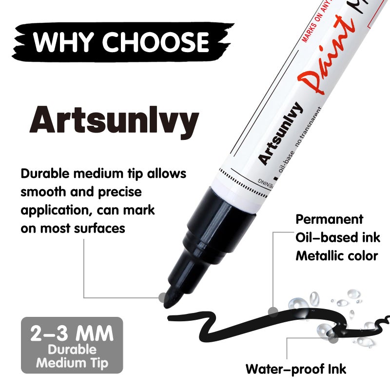 Artsunlvy Permanent Paint Pens Paint Markers - 2 Pack Black & White Oil Based Quick Dry Waterproof Markers For Tire, Rubber,Wood, Rocks, Metal, Canvas - Image 3