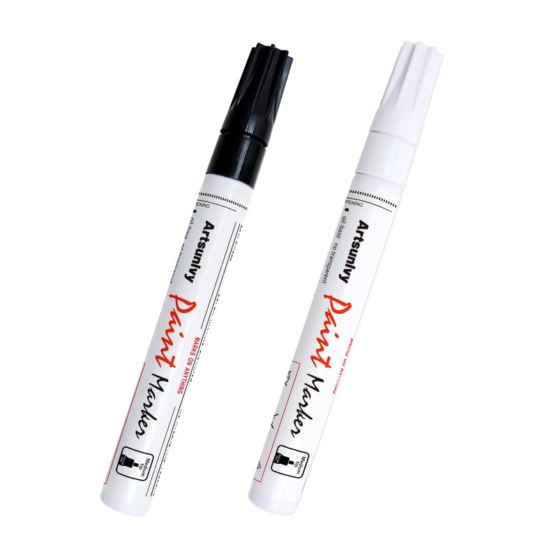 Artsunlvy Permanent Paint Pens Paint Markers - 2 Pack Black & White Oil Based Quick Dry Waterproof Markers For Tire, Rubber,Wood, Rocks, Metal, Canvas - Image 1