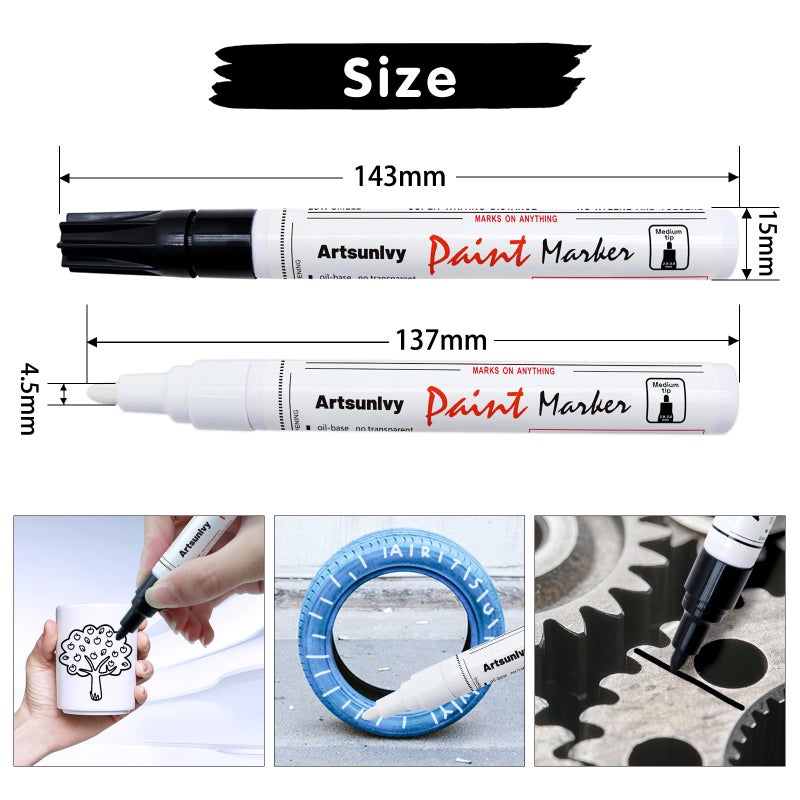 Artsunlvy Permanent Paint Pens Paint Markers - 2 Pack Black & White Oil Based Quick Dry Waterproof Markers For Tire, Rubber,Wood, Rocks, Metal, Canvas - Image 4