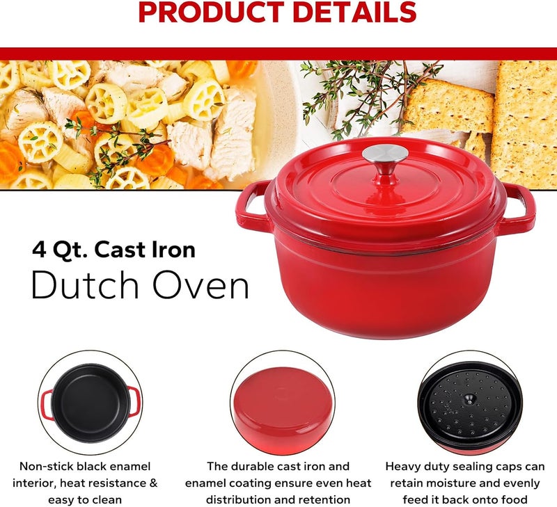| Enameled Cast Iron Dutch Oven Pot 4 Quart - Red, Ideal for Cooking, Stewing, Frying, and Roasting - Image 3