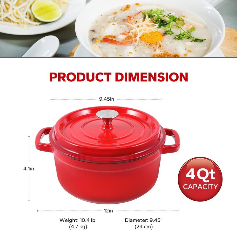 | Enameled Cast Iron Dutch Oven Pot 4 Quart - Red, Ideal for Cooking, Stewing, Frying, and Roasting - Image 5