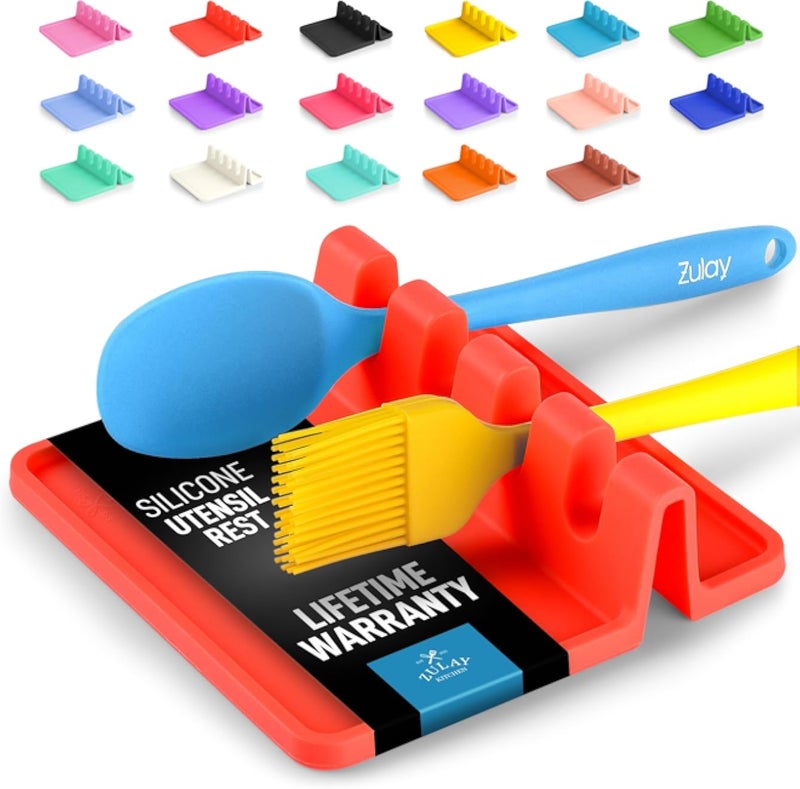 Zulay Silicone Utensil Rest with Drip Pad for Multiple Utensils, Heat-Resistant, BPA-Free Spoon Rest & Spoon Holder for Stove Top, Kitchen Utensil Holder for Spoons, Ladles, Tongs (Bright Red)