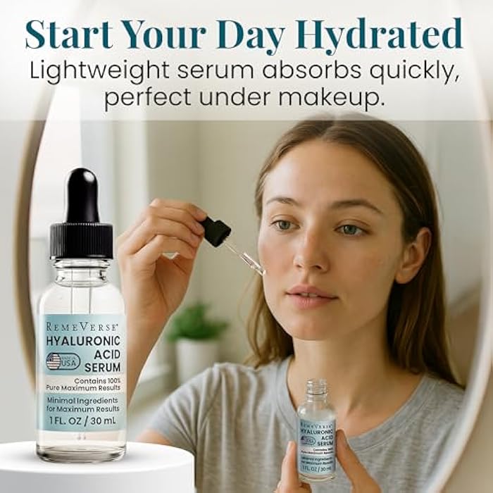RemeVerse Hyaluronic Acid Serum - 100% Pure Formulation for Face, Lips & Décolleté - Intense Moisture for Dry Skin & Fine Lines - Wrinkle-Reducing Formula for a Youthful & Plump Appearance, 1 oz - Image 4