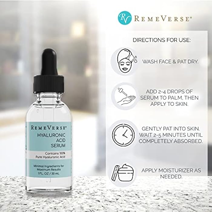 RemeVerse Hyaluronic Acid Serum - 100% Pure Formulation for Face, Lips & Décolleté - Intense Moisture for Dry Skin & Fine Lines - Wrinkle-Reducing Formula for a Youthful & Plump Appearance, 1 oz - Image 2