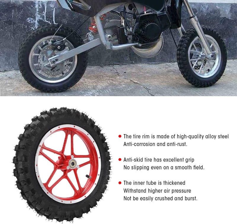 klarako Motorbike Tyres, 2.5?10in Front Wheel Tire and Rim Inner Tube Anti?Skid for 47cc 49cc 2 Stroke Mini Dirt Bike(A(Red）) - Image 3