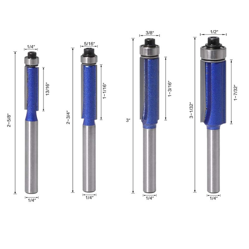 Wolfride Wolfride 4PCS Flush Trim Router Bit Set 1/4 Inch Shank Top Bearing Flush Trim Router Bit - Image 2