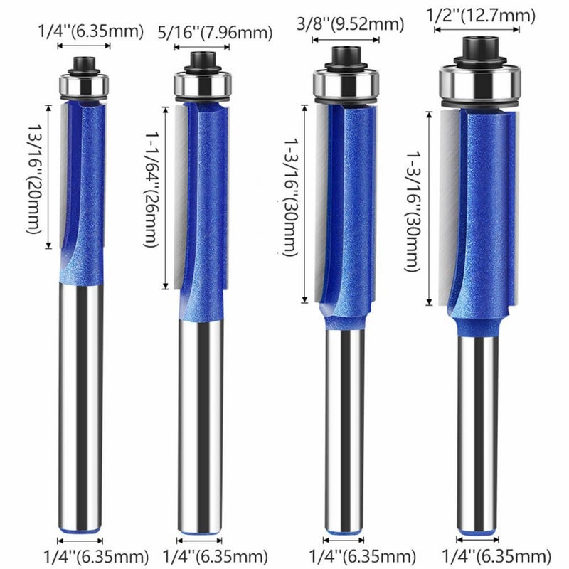 Wolfride 4PCS Flush Trim Router Bit Set 1/4 Inch Shank Top Bearing Flush Trim Router Bit - Image 2