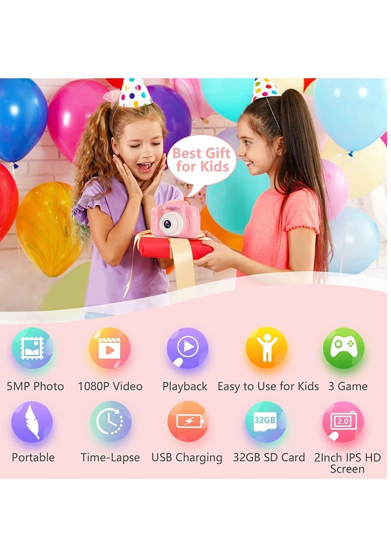TOES Kids Camera for Girls Boys, Kids Selfie Camera Toy 13MP 1080P HD Digital Video Camera for Toddler, Christmas Birthday Gifts for 3-10 Years Old Children (32GB, Pink) - Image 4